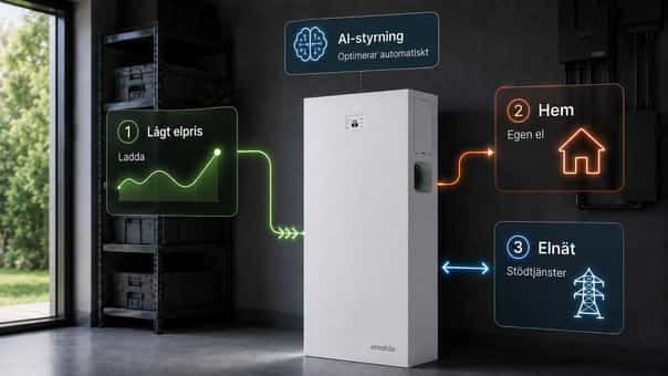 Emaldo Power Core visas i ett teknikrum med AI-styrning ovanför batteriet. Gröna pilar visar laddning när elpriset är lågt. En orange pil visar egen el från batteriet till hemmet. En blå dubbelpil visar stödtjänster mellan batteriet och elnätet.