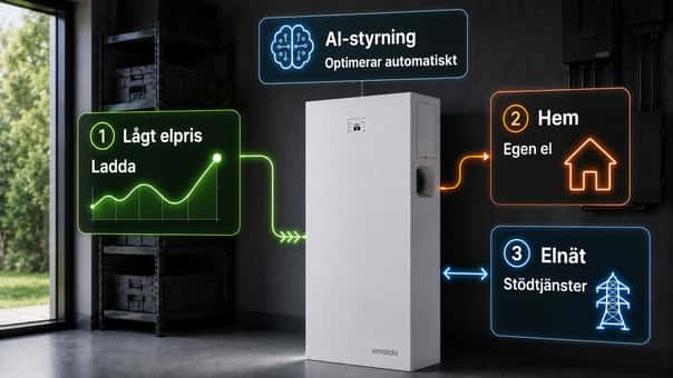 Emaldo Power Core i ett teknikrum. Ovanför batteriet står ”AI-styrning – optimerar automatiskt”. Gröna pilar visar laddning vid lågt elpris, en orange pil visar egen el till hemmet och en blå dubbelpil visar stödtjänster mellan batteriet och elnätet.