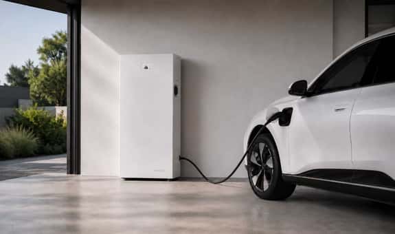 Emaldo Power Core står i ett garage och laddar en vit elbil. Kabeln går från batteriet direkt till bilens ladduttag. Bilden visar batteriets inbyggda elbilsladdare i hemmiljö.