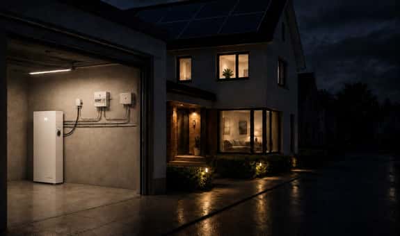 Ett modernt hus lyser upp i mörkret under en regnig kväll. På taket syns solpaneler och i det öppna garaget står ett Emaldo-batteri. Väggmonterade elkomponenter visar att huset har backupström vid avbrott.