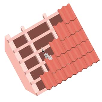 En illustration av ett tegeltak där ett fäste till solpaneler kläms fast mellan takpannan och bärläkten utan att gå ner i undertaket.