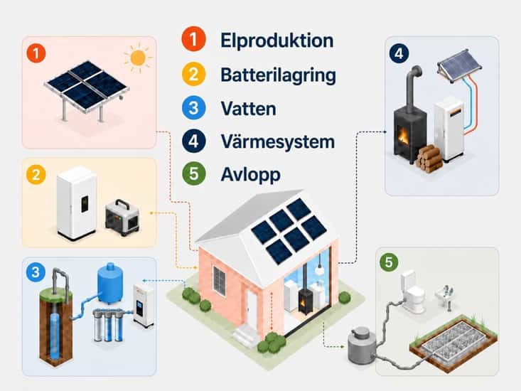 Infografik som visar fem delar i ett off grid-boende: elproduktion, batterilagring, vatten, värmesystem och avlopp.