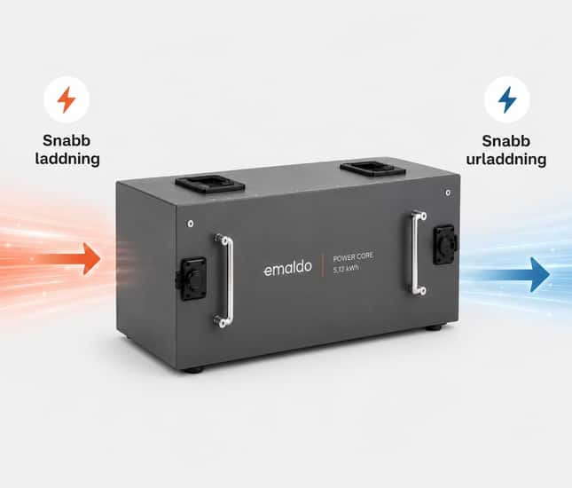 Emaldo Power Core-batterimodul visas med energiflöden åt två håll. En röd pil visar snabb laddning in i batteriet. En blå pil visar snabb urladdning från batteriet.