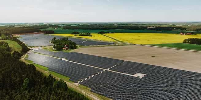 Bilden visar Fjällskär solcellspark med stora fält av solpaneler omgivna av jordbruksmark och skog. Panelerna är utplacerade i långa rader över ett öppet landskap. I mitten av parken syns några byggnader omgivna av träd. Längre bort syns gulblommande fält och gröna åkrar som kontrasterar mot de mörka solpanelerna. Bilden är tagen från luften i klart väder och visar solparkens omfattning.