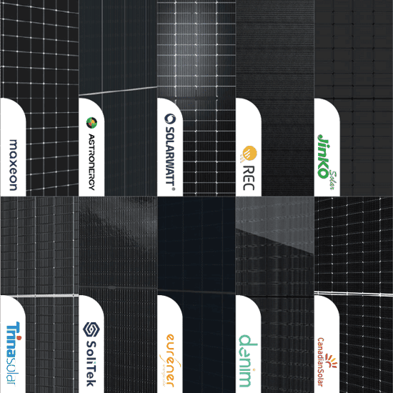 Bilden visar ett collage av solpaneler från olika tillverkare som presterat bäst i test. Panelerna kommer från märken som Maxeon, AstroEnergy, Solarwatt, REC, Jinko Solar, Trina Solar, Solitek, Eurener, Denim och Canadian Solar. De varierar i design och struktur och framhäver tekniska och estetiska skillnader. Logotyperna för varje tillverkare är tydligt placerade vid respektive solpanel. Collaget ger en visuell översikt över marknadens toppresterande solpaneler.
