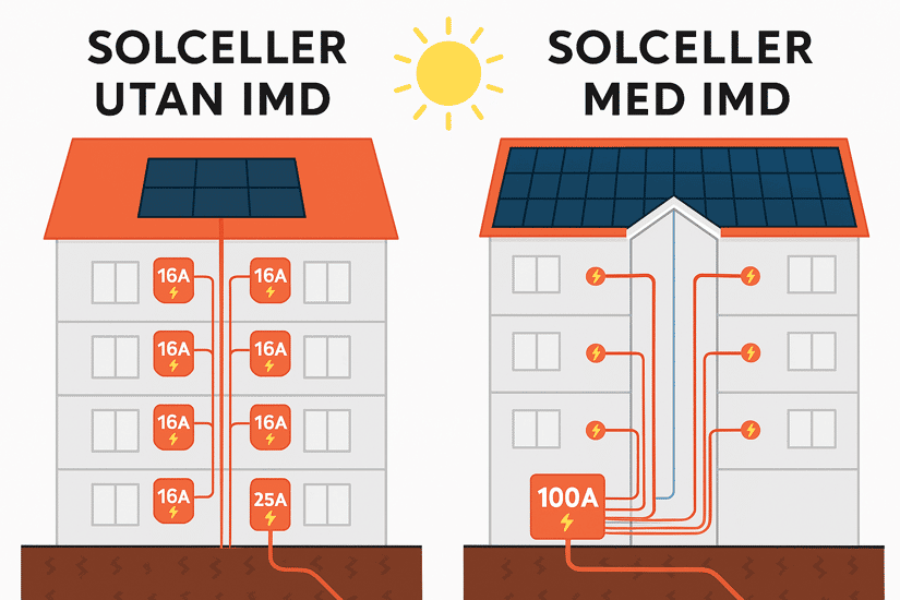 Två bostadsrättsföreningar med solceller jämförs visuellt – det vänstra med individuell elmätning och en mindre solcellsanläggning, och det högra med gemensam elmätning (IMD) och en större solcellsanläggning som täcker större delen av taket.