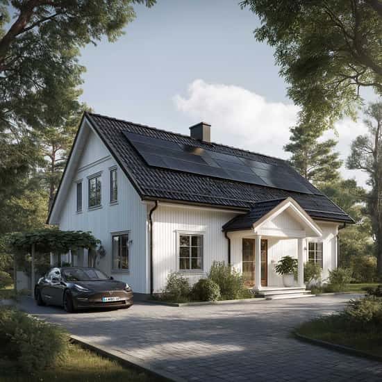 En modern villa med vit träfasad och svart tak med betongpannor är utrustad med solceller som täcker en stor del av takytan. På uppfarten står en elbil parkerad framför huset. Soliga och gröna omgivningar ramar in byggnaden och skapar en harmonisk miljö. Huset visar ett tydligt exempel på hur solceller kan integreras på tak med betongpannor.