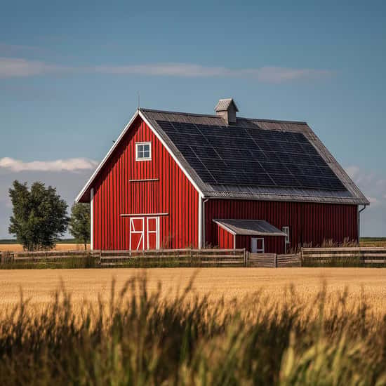 En röd ladugård står på en åker under en klar blå himmel. På det stora sadeltaket syns flera solpaneler monterade. Byggnaden omges av ett trästaket och fält av moget spannmål i förgrunden. En grön trädallé skymtar bakom ladugården. Bilden visar hur solceller kan integreras på takytor på landsbygden.