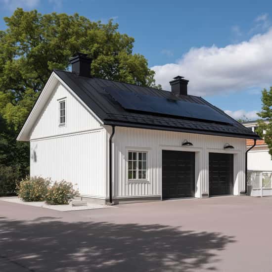 Foto av ett vitmålat garage med svart tak där solpaneler är installerade. Garaget har två portar och ligger i en villamiljö med träd i bakgrunden. Bilden illustrerar hur solceller kan monteras på ett garagetak.