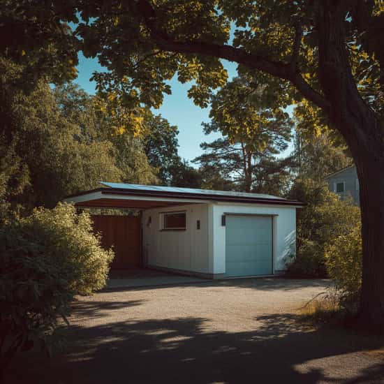 Foto av ett garage med platt tak där solpaneler är installerade. Garaget är omgivet av träd och växtlighet och solcellerna är placerade diskret längs takets ovansida. Bilden visar hur solceller kan monteras på platta garagetak.