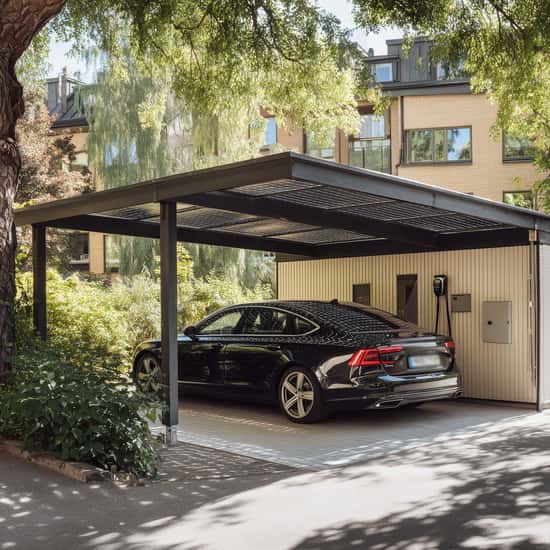 Foto av en carport med solceller integrerade i taket. Under carporten står en svart bil parkerad och på väggen bakom finns en laddstation installerad. Bilden visar hur solceller kan användas i kombination med bilparkering och elbilsladdning.