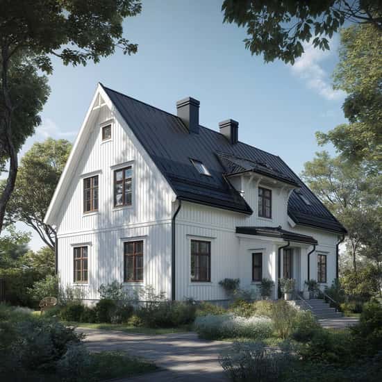 Bilden visar ett vitt trähus med svart falsat plåttak omgivet av grönskande trädgård. Taket är slätt och enhetligt, vilket gör det lämpligt för integrerade solceller. Huset har flera fönster och en entré med trappa och buskar framför. Omgivningen består av träd, buskar och en stenlagd gång.