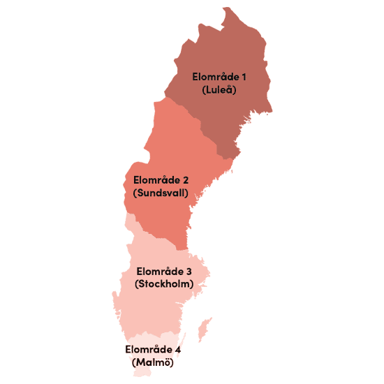 Bilden visar en karta över Sveriges fyra elområden. De fyra områdena är markerade med olika färgnyanser: Elområde 1 (Luleå), Elområde 2 (Sundsvall), Elområde 3 (Stockholm) och Elområde 4 (Malmö). Kartan ger en visuell översikt över hur Sverige är uppdelat för elpris och eldistribution. Varje område är numrerat och namngivet efter sin största stad.