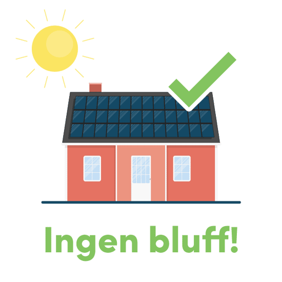 Illustration av ett hus med solpaneler på taket och en grön bock som symboliserar att solceller fungerar och inte är en bluff. I bakgrunden syns solen som visar på solenergins naturliga källa.