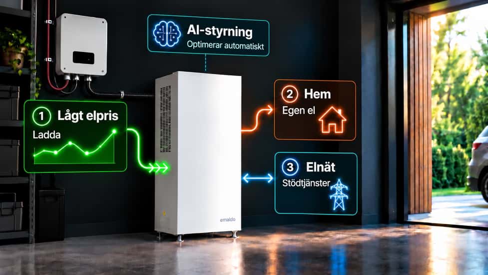 Emaldo Power Store-batteri med AI-styrning för smart energihantering i hemmet. Gröna pilar visar laddning när elpriset är lågt. En orange pil visar egen el från batteriet till hemmet. En blå dubbelpil visar stödtjänster mellan batteriet och elnätet.