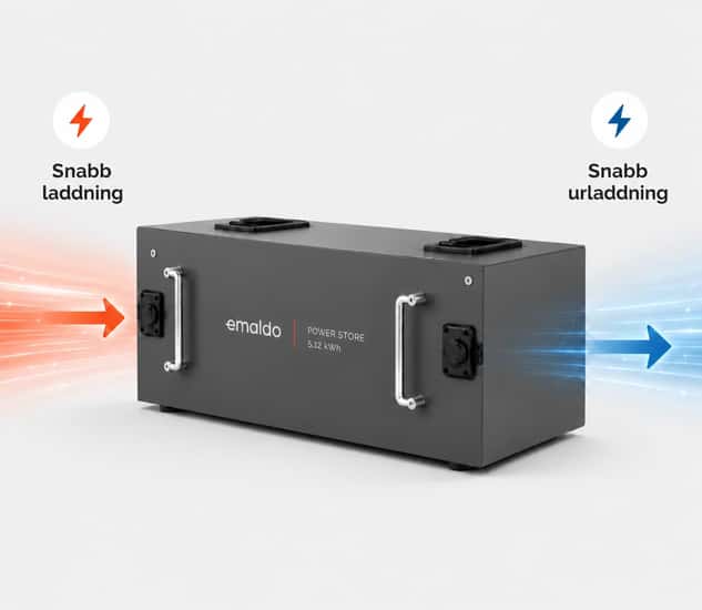 Emaldo Power Store-batterimodul visas med energiflöden åt två håll. En röd pil visar snabb laddning in i batteriet. En blå pil visar snabb urladdning från batteriet.
