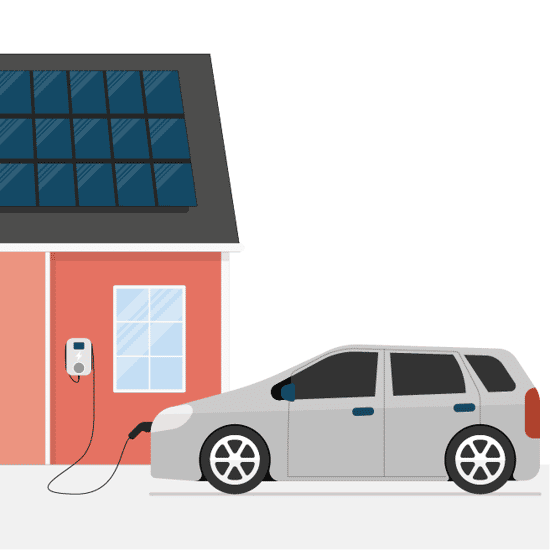 En elbil laddas via en laddbox utanför ett hus med solpaneler på taket. Solcellerna omvandlar solljus till el som används för att ladda bilen. Bilden illustrerar hur elbilsladdning kan ske med egenproducerad solel hemma. Det visar ett enkelt och hållbart sätt att använda solenergi i vardagen.