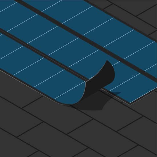 Illustration som visar flexibla tunnfilmssolceller integrerade direkt i ett papptak. Solcellerna är monterade tätt mot takytan och en del av takpappen lyfts upp för att visa infästningen. Lösningen kräver inga genomföringar i taket och ger ett diskret och enhetligt utseende.