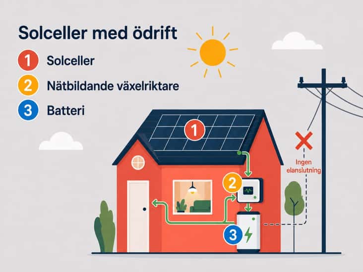 Illustration av en villa i ödrift där solceller, en nätbildande växelriktare och ett batteri försörjer huset med el medan elnätet är frånkopplat.