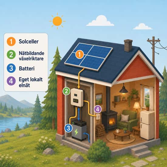 Off grid-system med solceller, nätbildande växelriktare och batteri som försörjer husets lokala elnät.
