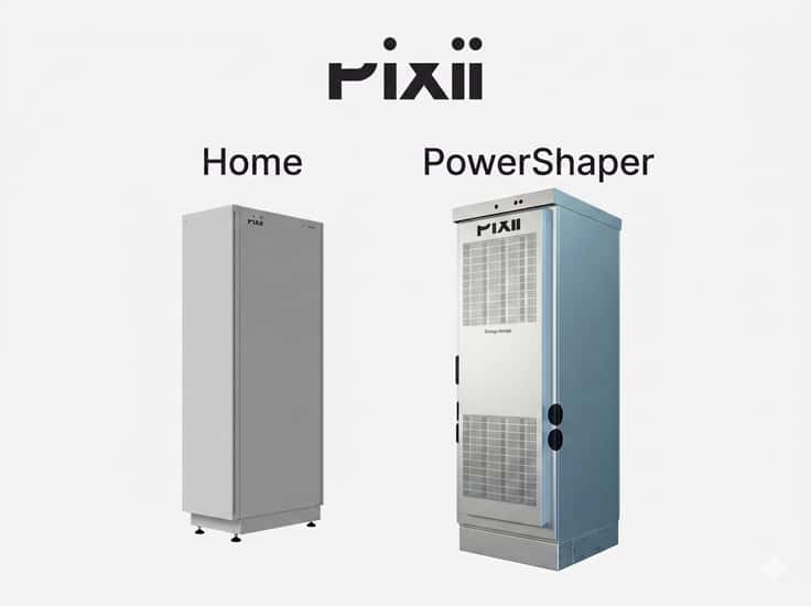 Pixii-logotypen syns över två batteriskåp mot ljus bakgrund. Till vänster visas modellen Home och till höger modellen PowerShaper. Home är ett slätt, ljusgrått skåp medan PowerShaper har synliga ventilationsgaller.