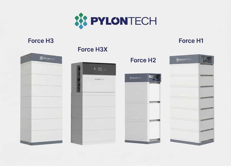 Pylontech-logotypen visas ovanför fyra staplade hemmabatterier mot ljus bakgrund. Batterierna heter Force H3, Force H3X, Force H2 och Force H1. Modellerna har olika höjd och utformning och står bredvid varandra för jämförelse.