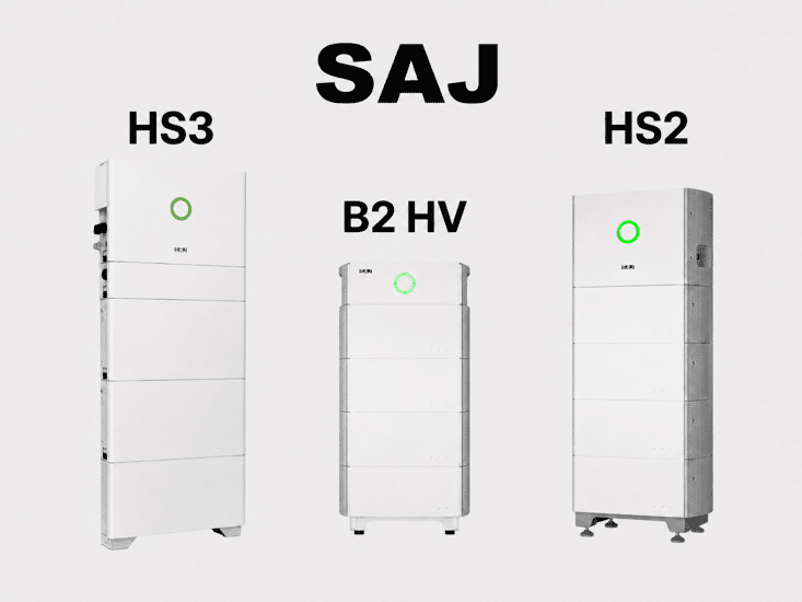 Bild på tre vita SAJ-batterier mot ljus bakgrund. Modellerna är märkta HS3, B2 HV och HS2. Varje batteri har en grön statusring på framsidan.