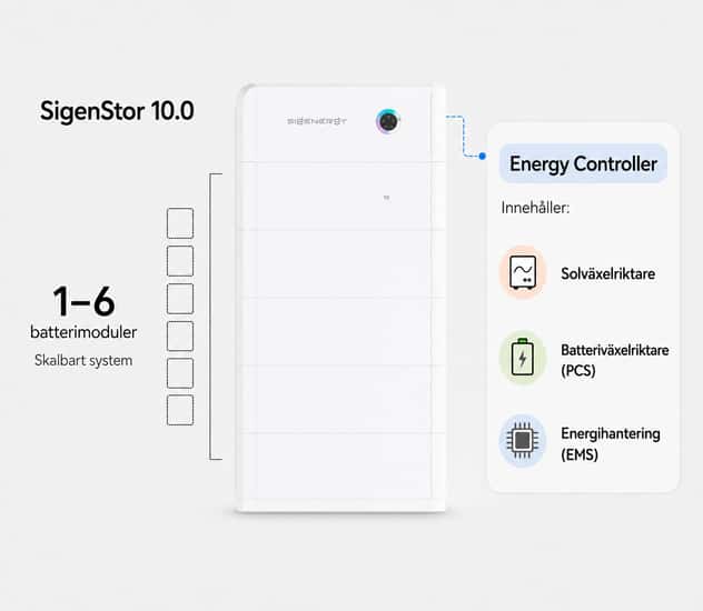 Sigenergy SigenStor 10.0 visas med Energy Controller och batterimoduler. Bilden visar att Energy Controller innehåller växelriktare, batteriväxelriktare och EMS.