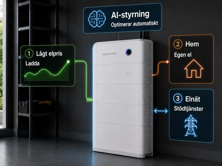 SigenStor-batteri i mörkt teknikrum med turkost ljus längs vänstra sidan. Runt batteriet syns kort för AI-styrning, lågt elpris, hem och elnät.
