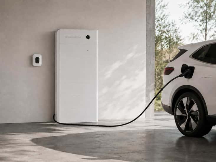 Sigenergy SigenStor-batteri laddar en elbil i en modern garageuppfart.