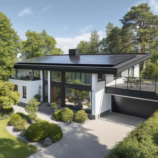 Ett modernt hus med platt papptak är utrustat med solceller som täcker stora delar av takytan. Huset har stora fönsterpartier som släpper in mycket ljus och en stilren fasad i vitt och svart. I förgrunden syns en välskött trädgård med grönska och prydliga buskar. Solpanelerna smälter in i den moderna designen och visar hur solceller kan integreras på papptak.
