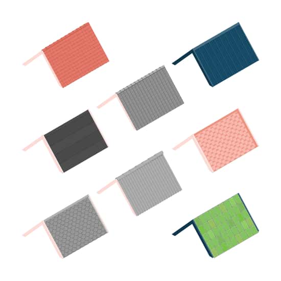 En illustration visar åtta olika taktyper uppifrån. Taken har olika material: tegelpannor, betongpannor, plåt, papp, eternit, shingel, skiffer och sedum. Bilden jämför de vanligaste takmaterialen som används tillsammans med solceller.