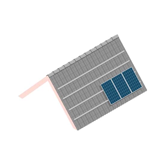 Ett tak med grå betongpannor sett uppifrån, där tre solpaneler är monterade på metallfästen på ena sidan av takytan. Bilden visar hur solceller kan installeras på ett tak med betongpannor.