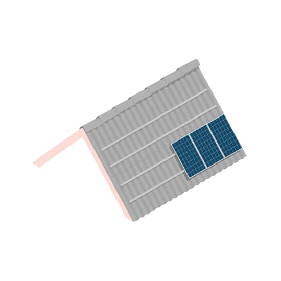 Ett tak med grå eternitplattor sett uppifrån, där tre solpaneler är monterade på metallfästen på ena sidan av takytan. Bilden visar hur solceller kan installeras på ett eternittak.