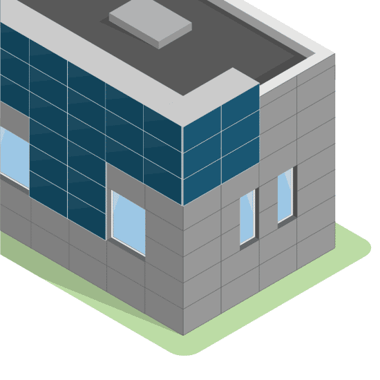 Illustrationen visar en modern byggnad med solceller integrerade i fasaden. De mörkblå solpanelerna utgör en del av ytterväggen och smälter in i byggnadens design. Fönster är placerade mellan panelerna för att släppa in ljus. Bilden visar hur solceller kan bli en naturlig del av byggnadens arkitektur.