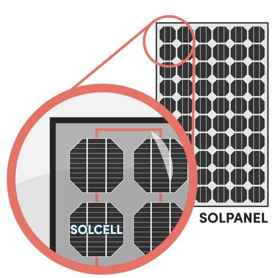 Bilden visar en solpanel uppbyggd av flera solceller. En förstoring markerar hur de enskilda solcellerna är placerade och sammankopplade inuti panelen. Illustrationens syfte är att förklara skillnaden mellan solcell och solpanel. Solcellerna omvandlar solljus till elektricitet, medan solpanelen samlar och skyddar dem som en enhet.