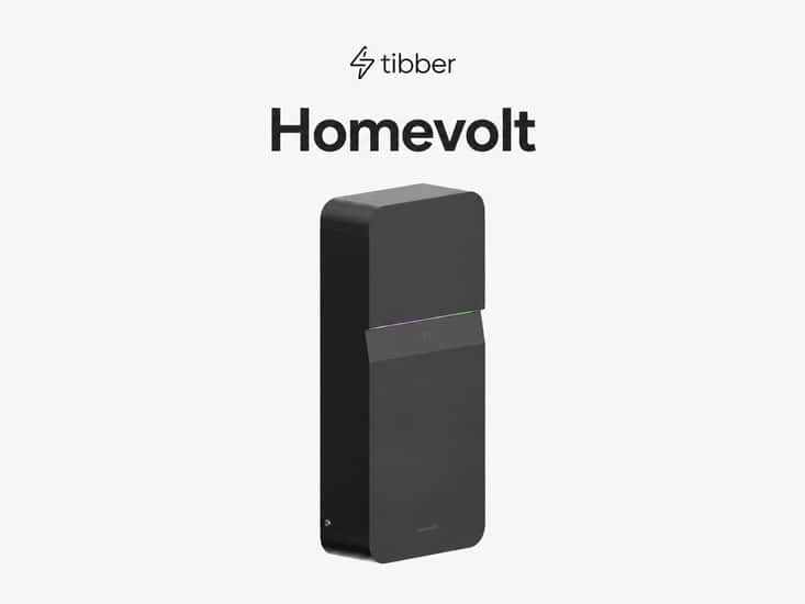 Tibber Homevolt-batteri mot ljus bakgrund med produktnamn ovanför.