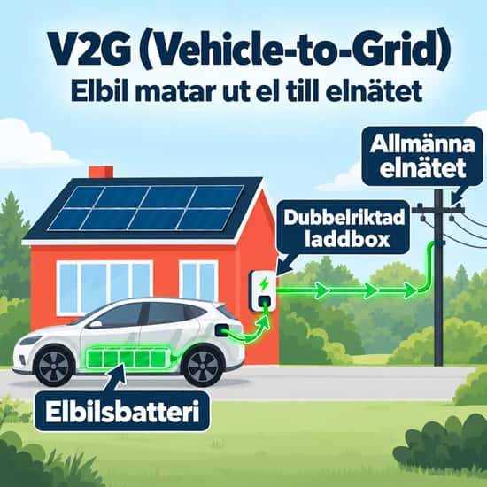 Illustration av V2G (Vehicle-to-Grid) där el från elbilens batteri överförs till elnätet via en dubbelriktad laddbox.