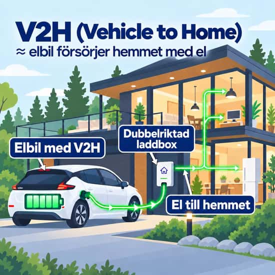 Illustration av V2H (Vehicle to Home) där en elbil via en dubbelriktad laddbox förser ett hus med el.