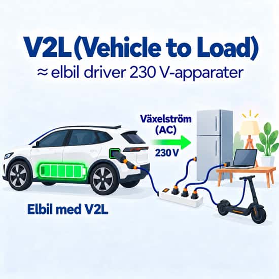 Elbil med V2L som levererar 230 V växelström till kylskåp, laptop och elsparkcykel via ett grenuttag.