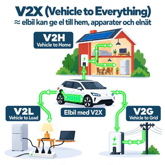Illustration av V2X (Vehicle to Everything) som visar hur en elbil kan leverera el till hemmet (V2H), elektriska apparater (V2L) och elnätet (V2G).
