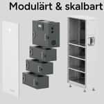 Överst står texten Modulärt & skalbart. Emaldo Power Core visas med en övre teknikdel och tre batterimoduler. Delarna står mellan en vit frontpanel och ett öppet skåp. Bilden visar hur systemet kan byggas ut modulärt.