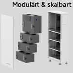 Överst står texten Modulärt & skalbart. Emaldo Power Store visas med en övre teknikdel och tre batterimoduler. Delarna står mellan en vit frontpanel och ett öppet skåp. Bilden visar hur systemet kan byggas ut modulärt.