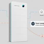 Ett vitt Sigenergy SigenStor batteri visas som central enhet mellan solenergi, elnät och hemmet. Bilden visar att smart energistyrning i batteriet kan sänka elkostnaden.