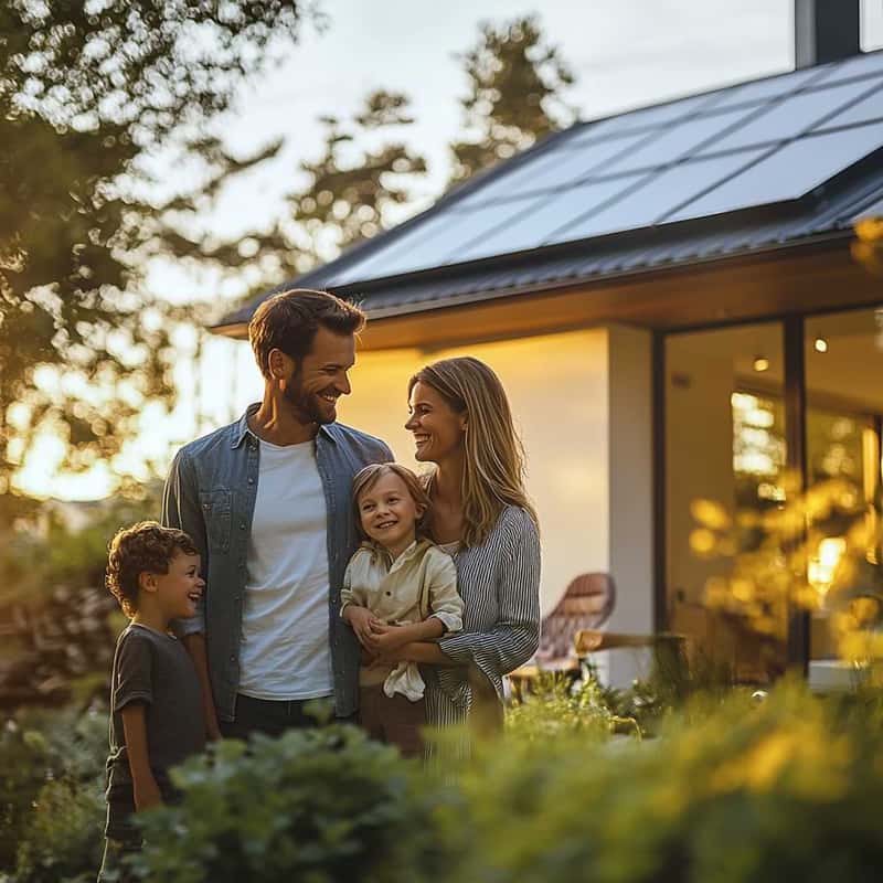 glad familj med solceller på svensk villa