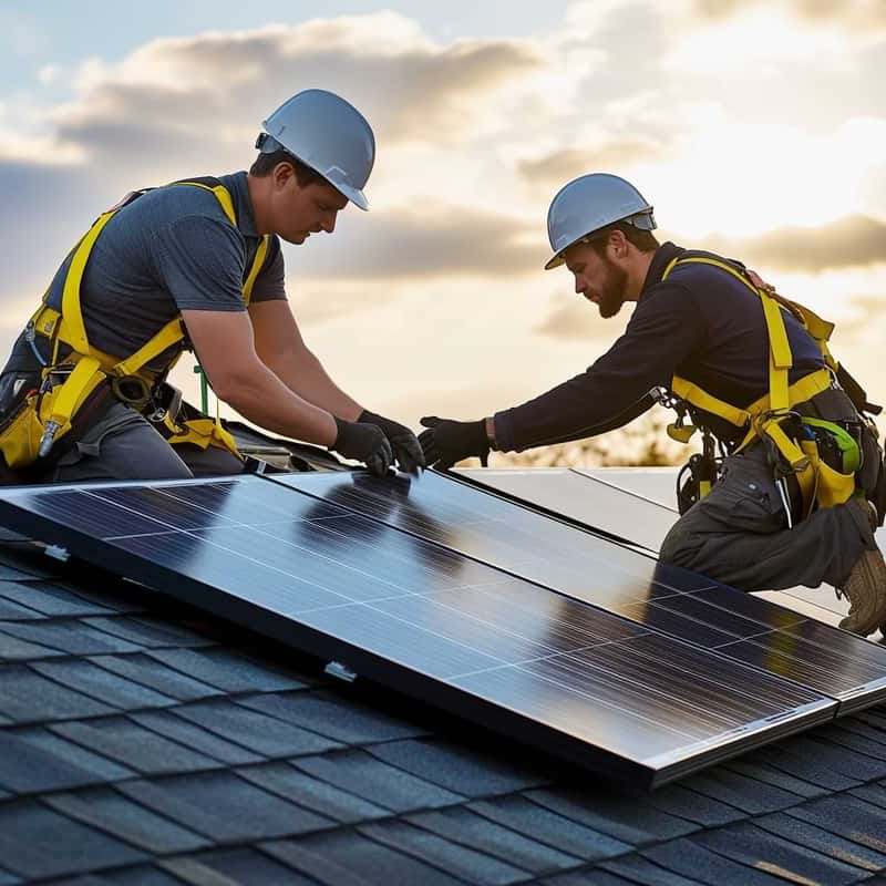 installatörer installerar solceller på ett tak