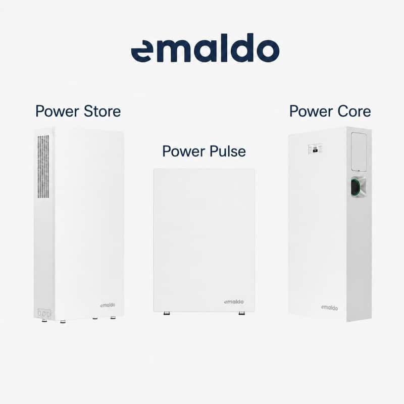 Emaldos Power-batterier Store, Pulse och Core visas sida vid sida mot en ljus bakgrund.