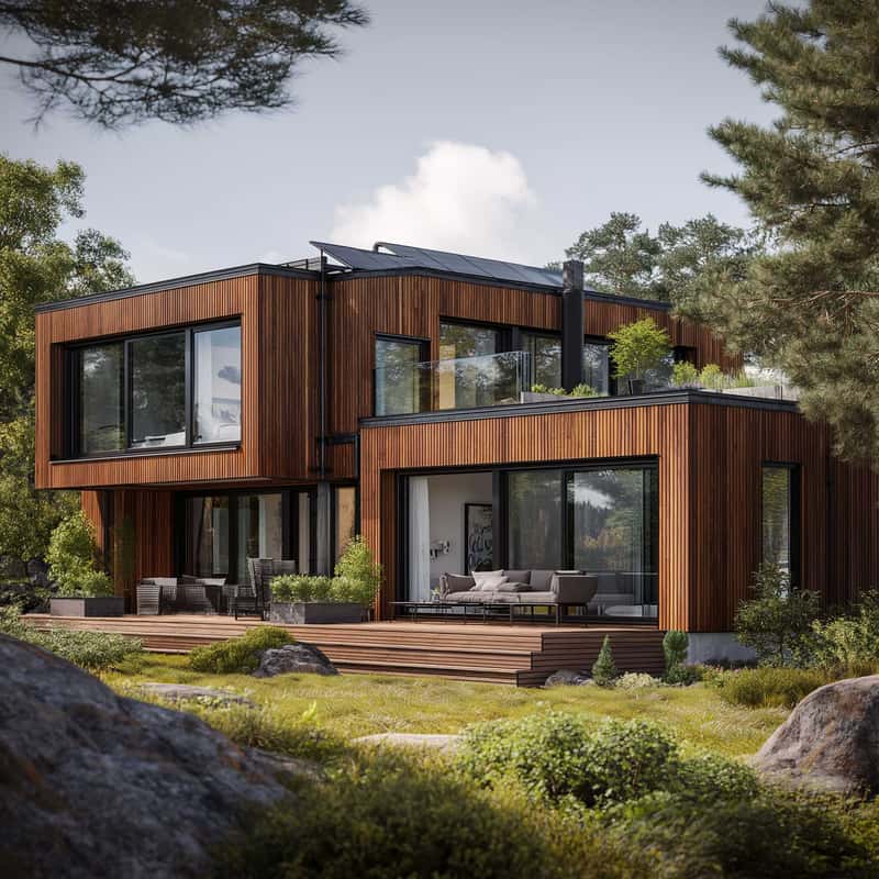 En modern villa i trä med stora fönster och platt tak syns i bilden. På taket är solpaneler installerade och omgivningen består av grönska och stenar. Huset har en rymlig terrass med sittplatser och krukväxter. Arkitekturen är stilren och harmoniserar med den naturliga miljön runt omkring.
