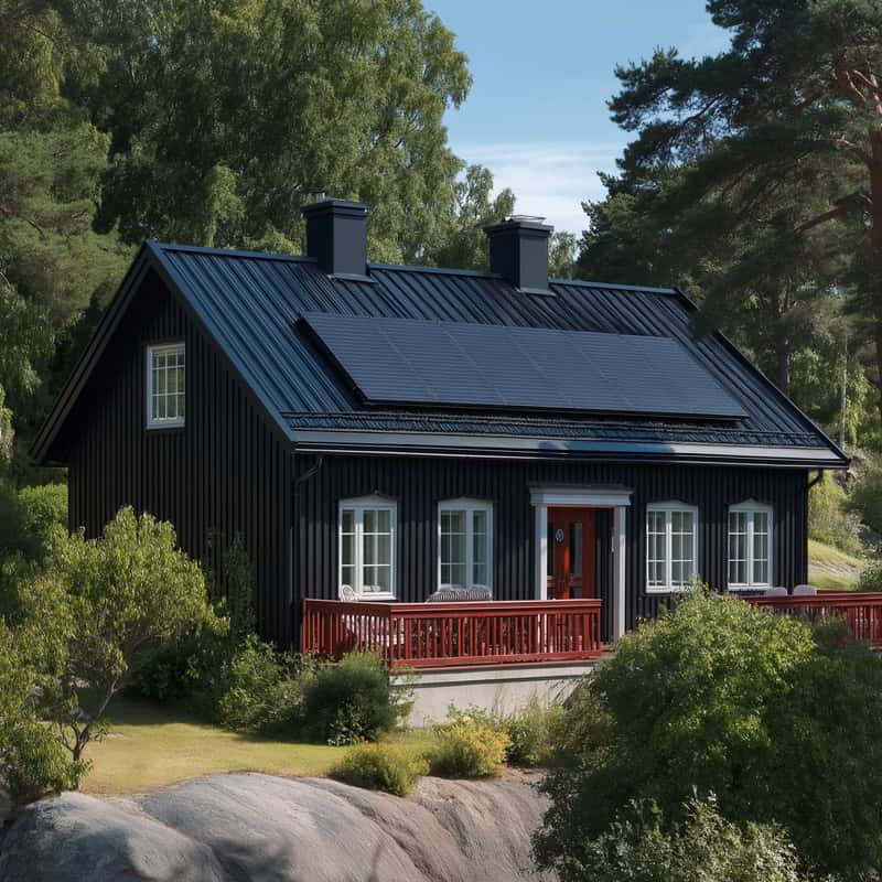 Ett svart trähus med svart plåttak där en rad solceller är installerade, omgivet av grönska och med en röd veranda på framsidan.