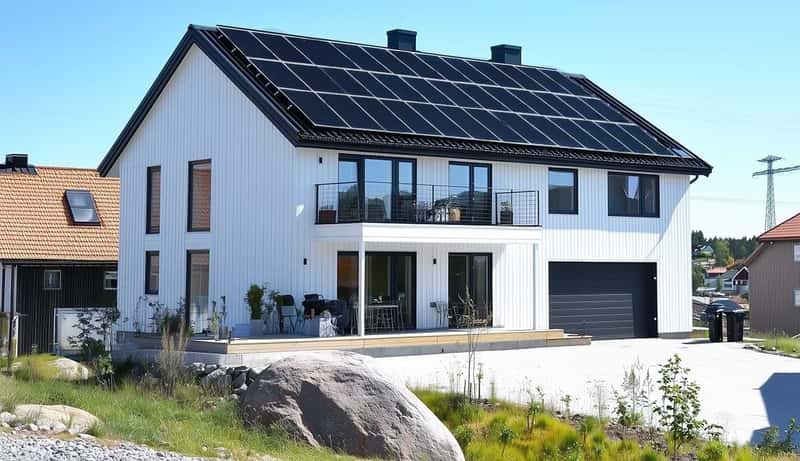 En modern villa med vita träfasader och stora fönster, utrustad med solpaneler på taket. Huset har en balkong och en uteplats med utemöbler. Framför huset syns en stenlagd uppfart och en liten trädgård med gräs och stenar. Det är en solig dag och grannhusen i bakgrunden har röda tegeltak.